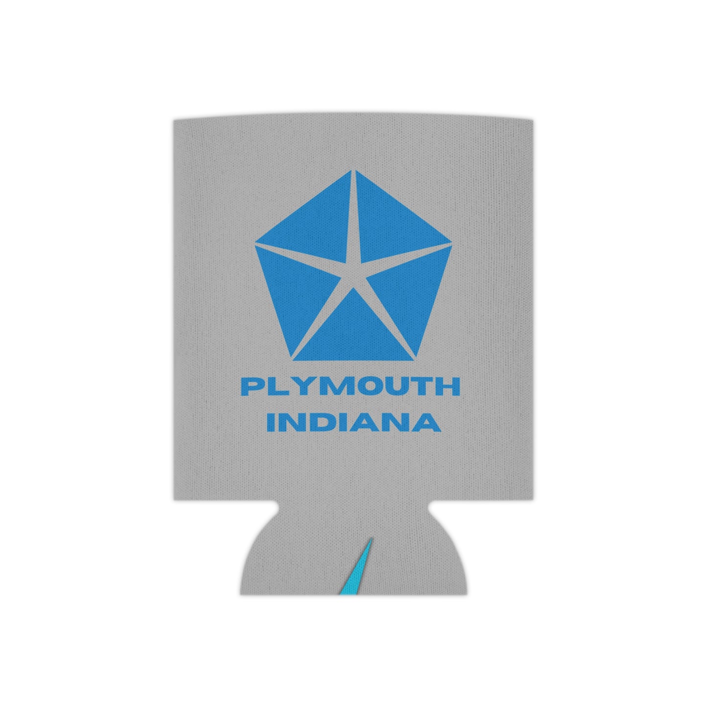 The Plymouth Indiana Koozie by Printify is a gray foam can koozie adorned with a blue geometric star logo above the text "PLYMOUTH INDIANA." At the bottom, it features a retro-inspired design with the text "SOCOOLSHIRTS.COM" in red and blue.