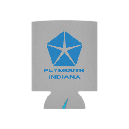 The Plymouth Indiana Koozie by Printify is a gray foam can koozie adorned with a blue geometric star logo above the text "PLYMOUTH INDIANA." At the bottom, it features a retro-inspired design with the text "SOCOOLSHIRTS.COM" in red and blue.