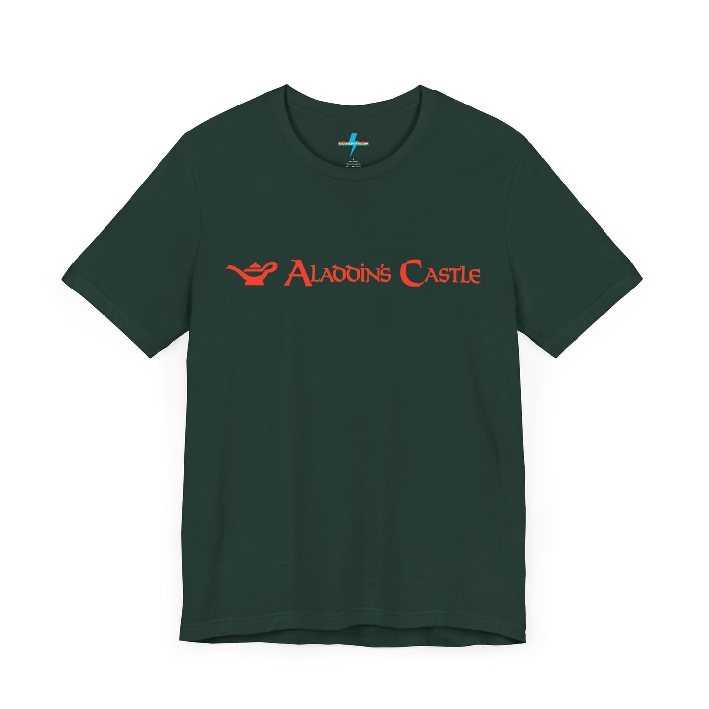 Introducing the Aladdin's Castle Arcade 1980s Unisex Jersey Short Sleeve Tee by Printify. This dark grey heather T-shirt features "ALADDIN'S CASTLE" emblazoned in bright red font across the chest, with a small silhouette of Aladdin's magic lamp to the left of the text. Perfect for fans of retro design or Aladdin’s Castle Arcade, and available exclusively from SoCool Shirts.