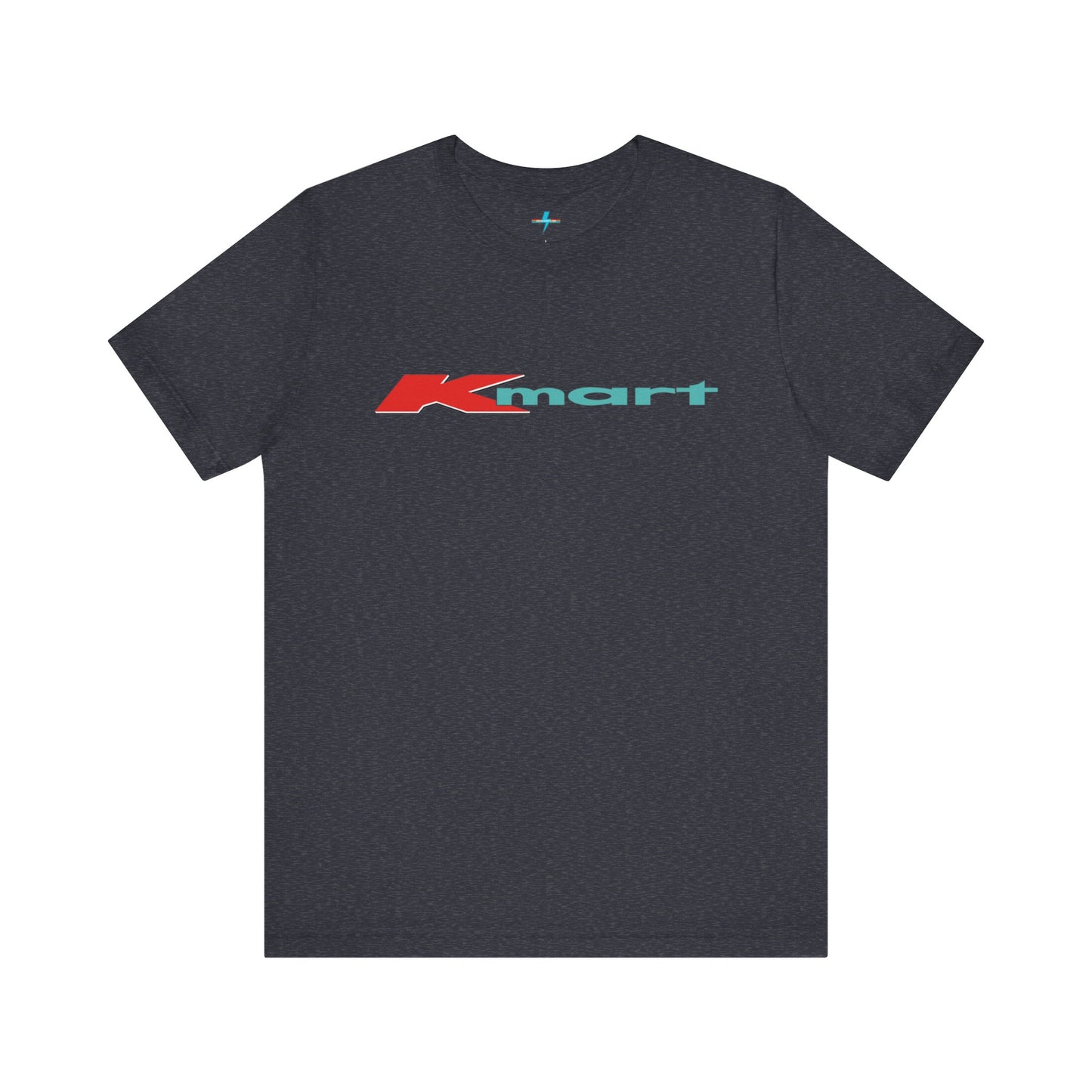 The Printify KMart Logo 1980s Retro - Unisex Jersey Short Sleeve Tee in dark gray features a nostalgic design with the iconic logo in red and teal across the chest. This short-sleeve crew-neck shirt exudes vintage charm with its simple, classic look.