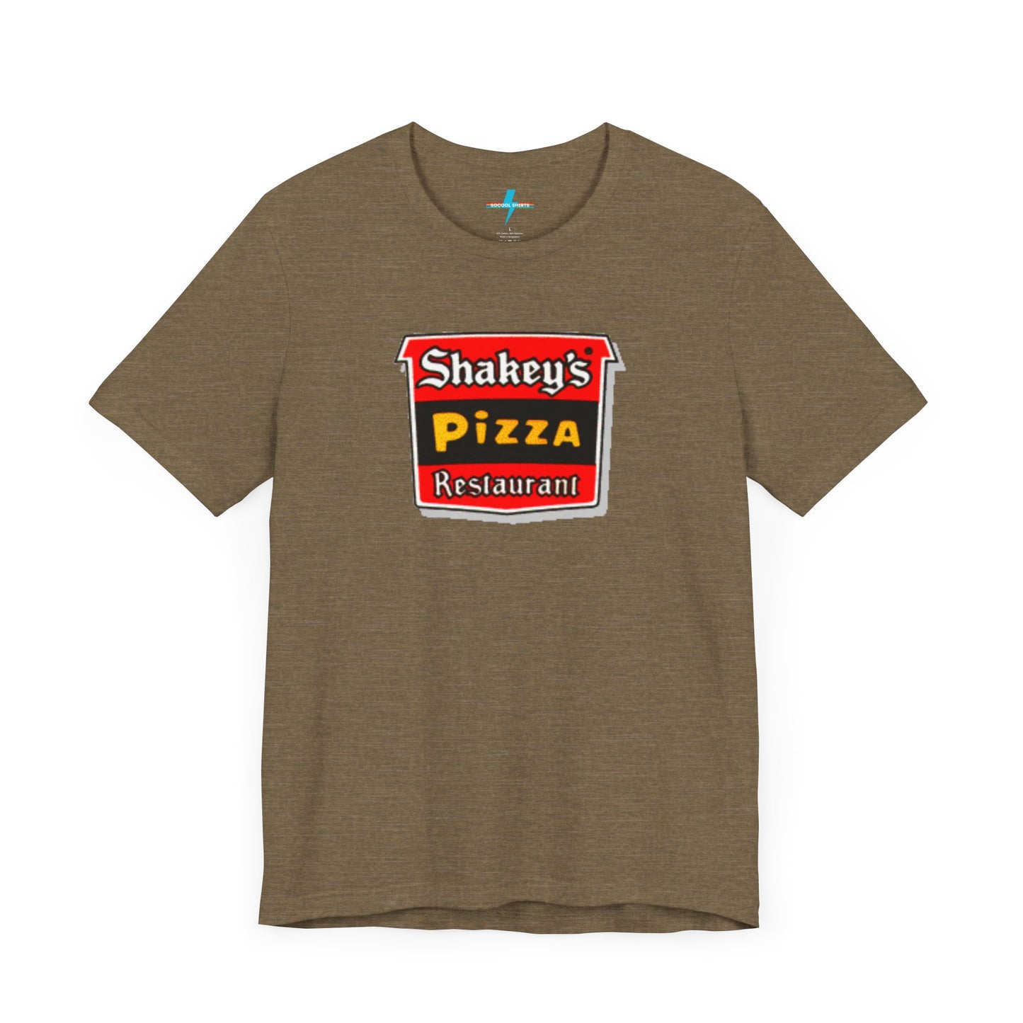 A black Shakey's Pizza - 1980s Retro Logo - Unisex T-Shirt by Printify hangs against a white background. The shirt features a colorful graphic with the text "Shakey's Pizza Restaurant" in white, yellow, and black lettering on a red background, resembling vintage pizza joints signage. This retro tee brings nostalgic vibes of classic pizzerias.