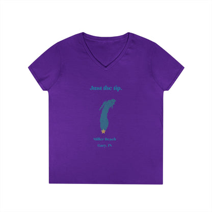 The Just the Tip - Miller Beach Ladies' V-Neck T-Shirt by Printify is a coral-colored top made from soft tri-blend fabric. It showcases a graphic of Lake Michigan accompanied by the playful text "Just the tip," along with "Miller Beach, Gary, IN" displayed below.