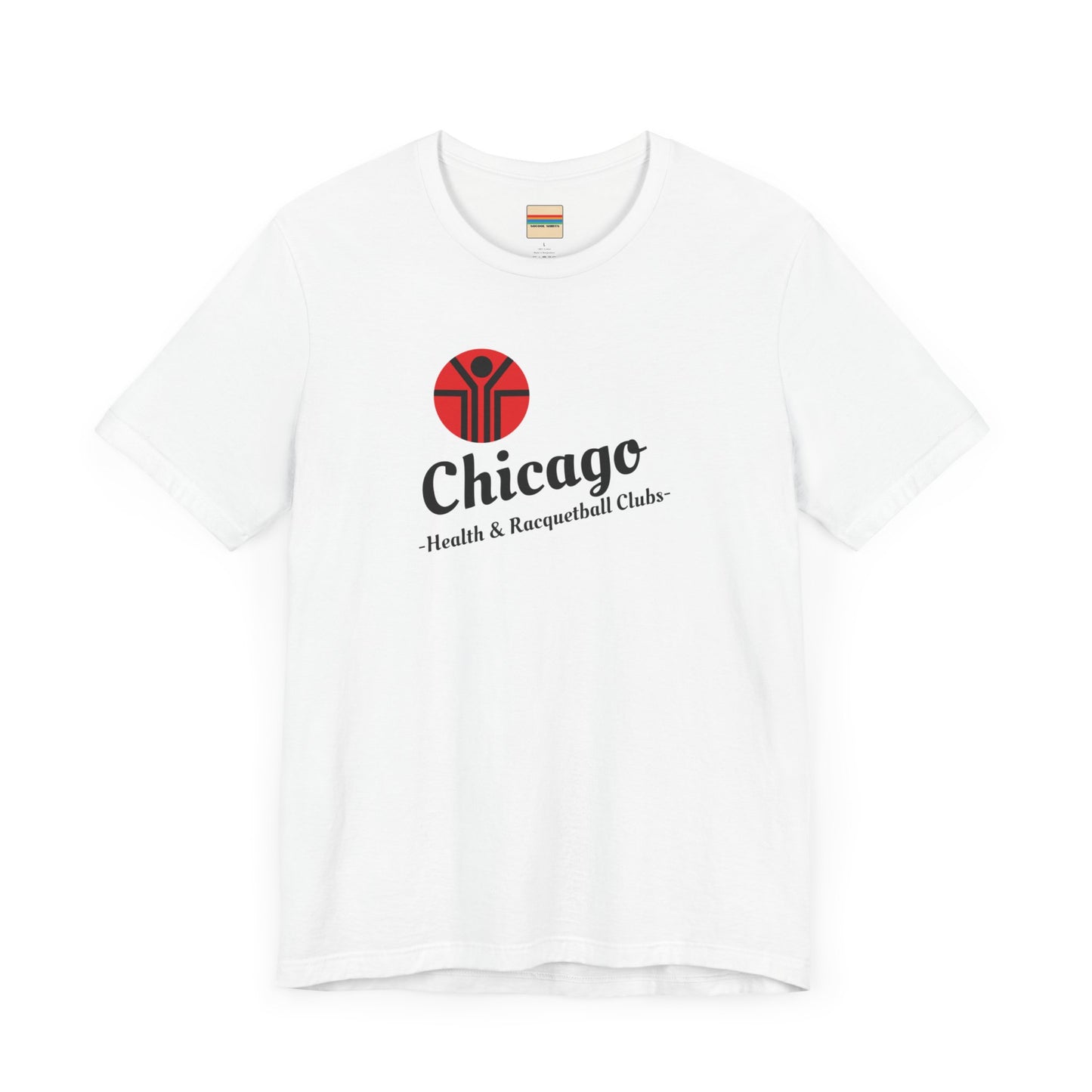 Two gray T-shirts are neatly folded on top of each other, with the top shirt showcasing the text "Chicago Health & Racquetball Clubs" in black below a red logo featuring a person with raised arms inside a circular design. This retro-inspired tee, named "Chicago Health Clubs 1980s Retro - Unisex Jersey Short Sleeve Tee" by Printify, is perfect for any fan of Chicago Health Clubs.