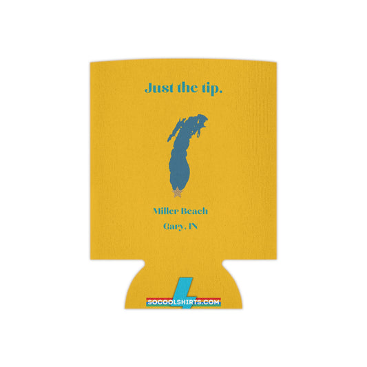 A yellow Printify "Just the Tip - Miller Beach Koozie" featuring blue text and a graphic. The fun design includes "Just the tip" at the top, a blue silhouette of Indiana with a small gold star near the top, and "Miller Beach, Gary, IN" underneath. The bottom showcases the website "socoolshirts.com.