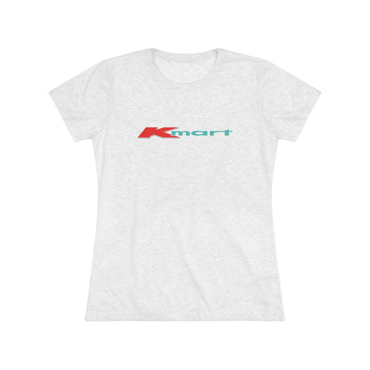 A women's triblend tee by Printify in light gray, featuring a casual and minimalist design that captures the essence of vintage style with a centered 1980s Retro Kmart logo on the front.