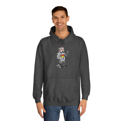 The Gay Robot - Unisex College Hoodie by Printify features a whimsical illustration of a nostalgic robot holding a smartphone. Inspired by Nick Swardson's comedic characters, the robot is grey with red and yellow highlights, balancing on one leg in its striking red design.