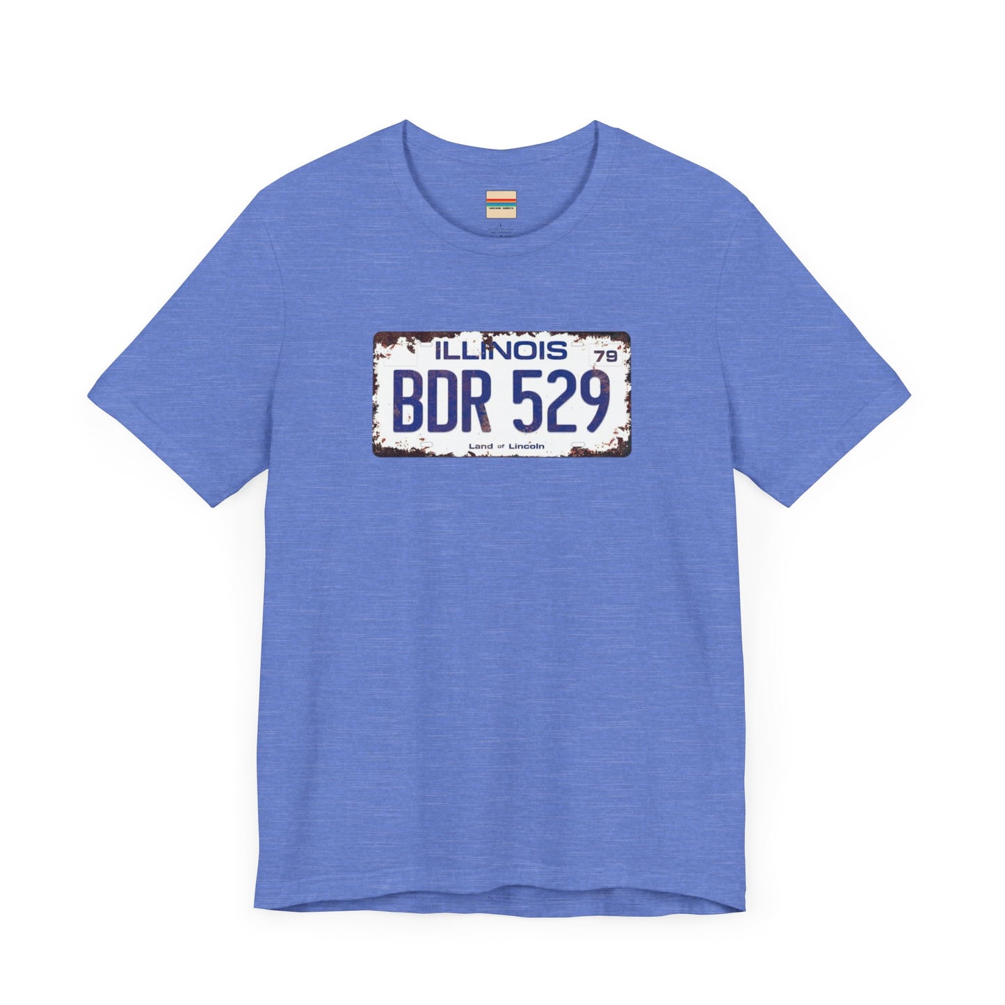 The Printify Blues Brothers BDR 529 License Plate Unisex Jersey Short Sleeve Tee showcases a vintage Illinois license plate graphic with "BDR 529" prominently displayed, as famously seen in the Blues Brothers film. The design includes "Illinois" and "Land of Lincoln" above and below the numbers, with a weathered, rustic look that enhances its retro appeal.