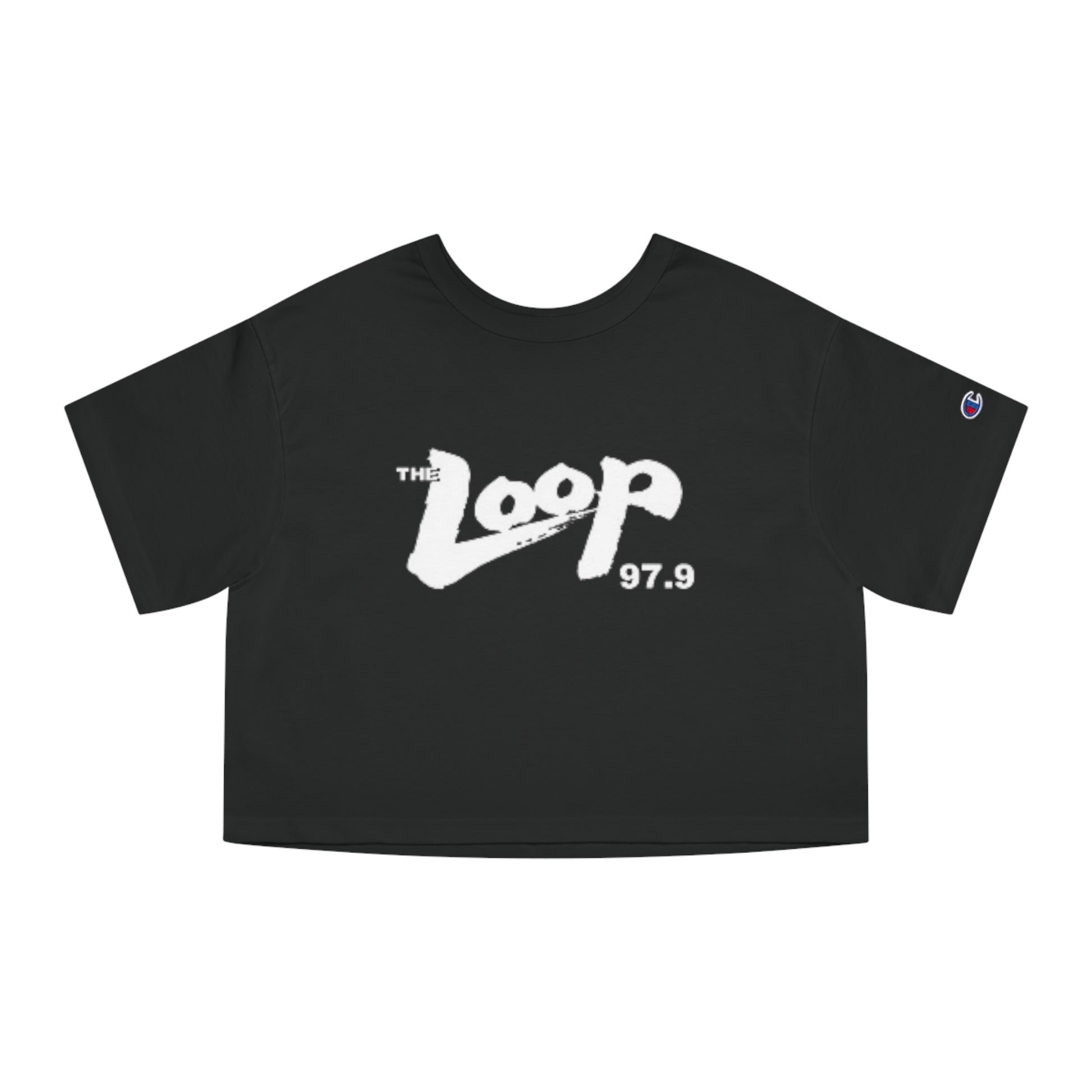 A black, 100% cotton Champion Women's Heritage Cropped T-Shirt from Printify featuring the "The Loop 97.9" logo in white, stylized text across the chest.