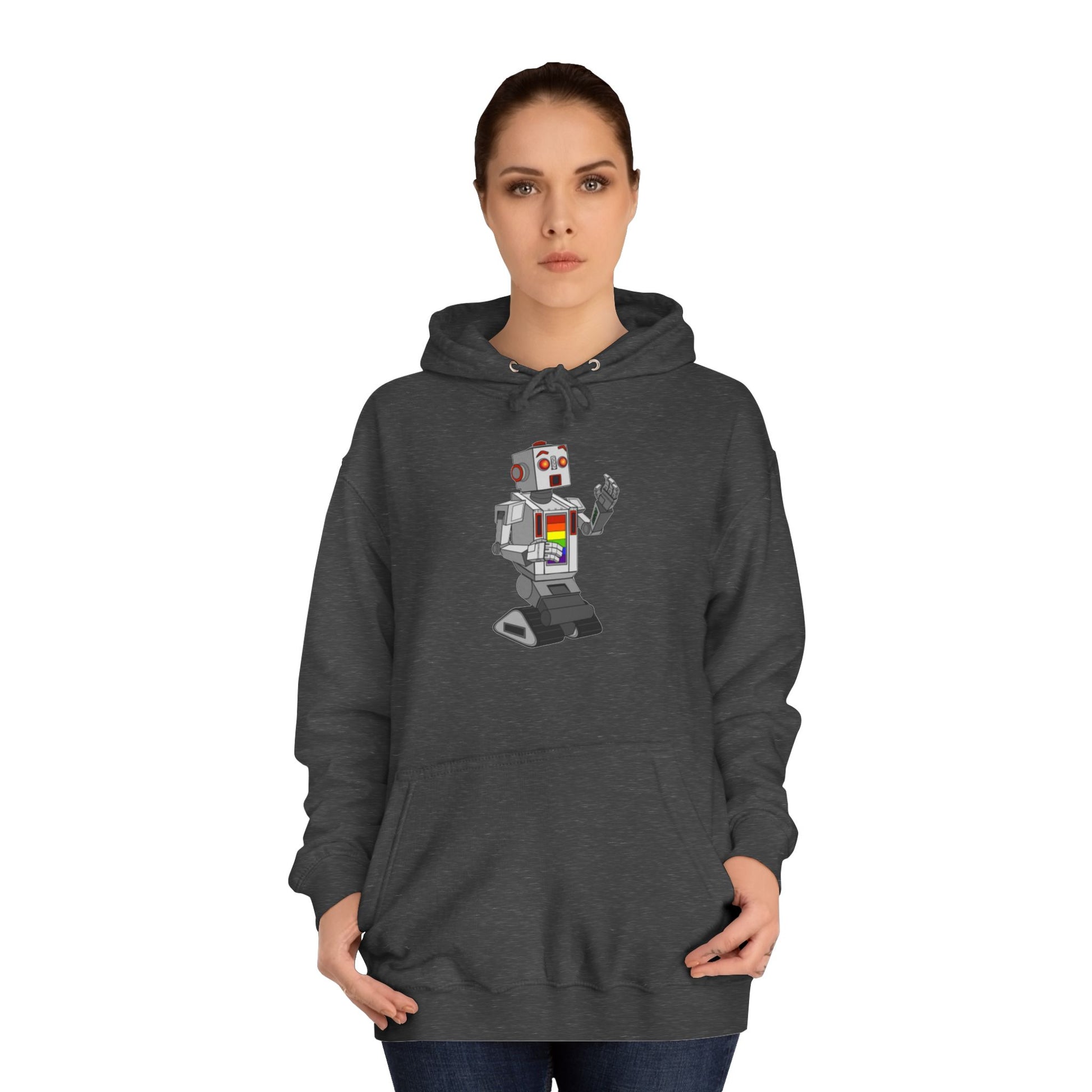 The Gay Robot - Unisex College Hoodie by Printify features a whimsical illustration of a nostalgic robot holding a smartphone. Inspired by Nick Swardson's comedic characters, the robot is grey with red and yellow highlights, balancing on one leg in its striking red design.