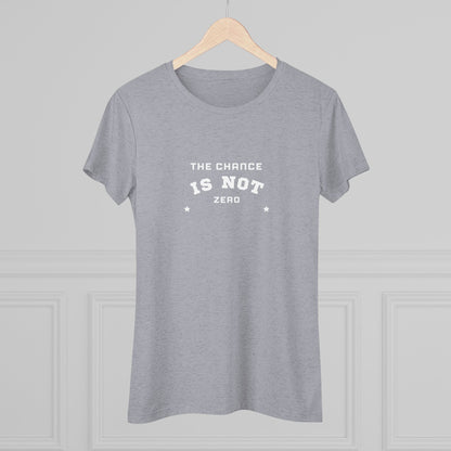 Printify's dark gray "The Chance is Not Zero - Women's Triblend Tee," made from a premium triple fabric blend, showcases inspiring text in white on the front, flanked by two small stars. It’s perfect as a daily motivational reminder.