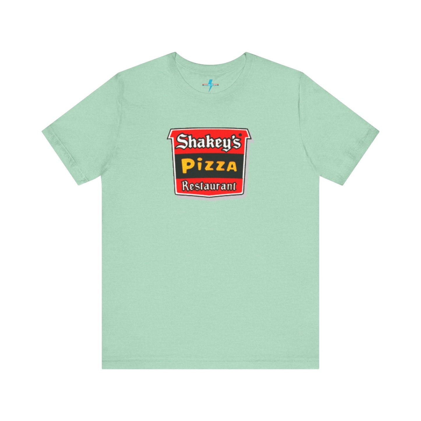 A black Shakey's Pizza - 1980s Retro Logo - Unisex T-Shirt by Printify hangs against a white background. The shirt features a colorful graphic with the text "Shakey's Pizza Restaurant" in white, yellow, and black lettering on a red background, resembling vintage pizza joints signage. This retro tee brings nostalgic vibes of classic pizzerias.