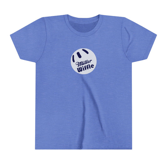 Introducing the Miller Beach Wiffel Ball OG Logo Kids Youth Short Sleeve Tee by Printify. This custom youth T-shirt in blue is made from soft ring-spun cotton and features a white wiffle ball graphic at the center, adorned with stylized text that reads "Miller Wiffle." Perfect for young sports enthusiasts.