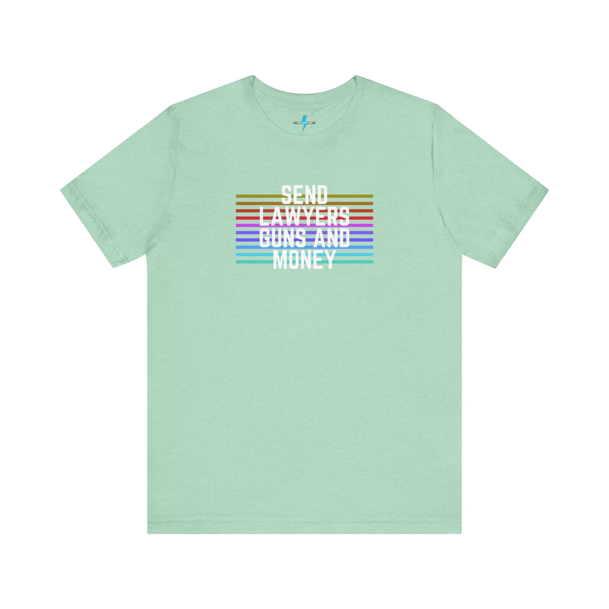 A folded Send Lawyers, Guns, and Money - Retro - Unisex Jersey Short Sleeve Tee by Printify, featuring colorful horizontal stripes and bold white text reading "SEND LAWYERS GUNS AND MONEY" in the center, as a classy tribute to Warren Zevon.