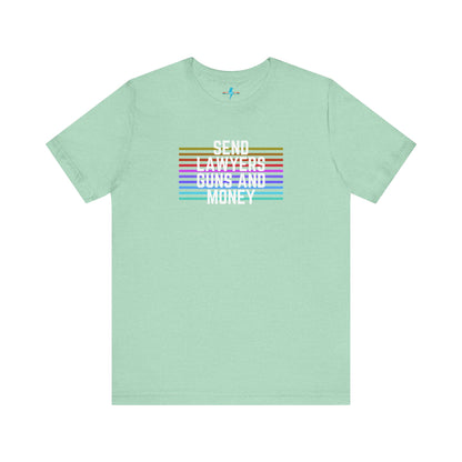 A folded Send Lawyers, Guns, and Money - Retro - Unisex Jersey Short Sleeve Tee by Printify, featuring colorful horizontal stripes and bold white text reading "SEND LAWYERS GUNS AND MONEY" in the center, as a classy tribute to Warren Zevon.