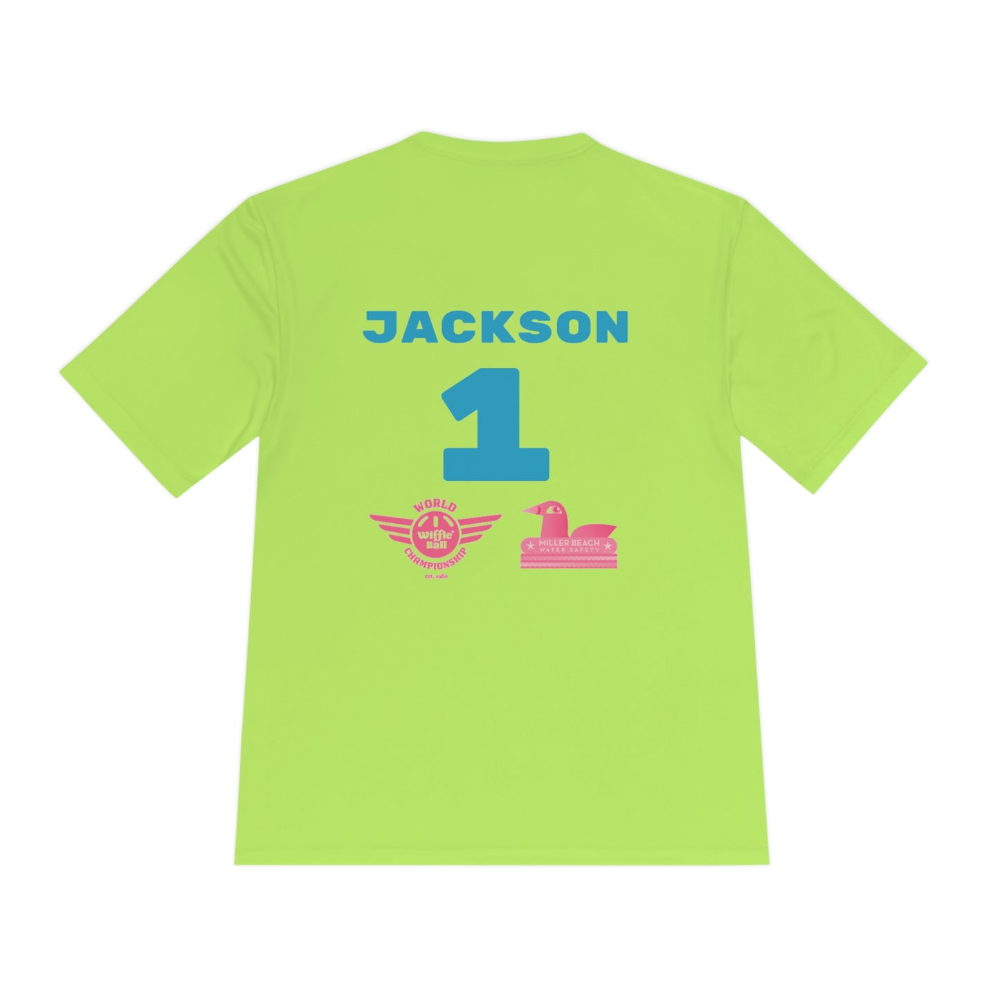 Introducing the "Miller Beach Flamingos - Jackson 01" Unisex Moisture Wicking Tee by Printify. This beige T-shirt showcases "Miller Beach" in a pink cursive font accompanied by a small pink flamingo illustration. Below, "FLAMINGOS" is displayed in bold pink capital letters, with a blue "01" on the bottom right corner. As part of the Sport-Tek PosiCharge Competitor collection, this lightweight shirt provides superior moisture-wicking performance.