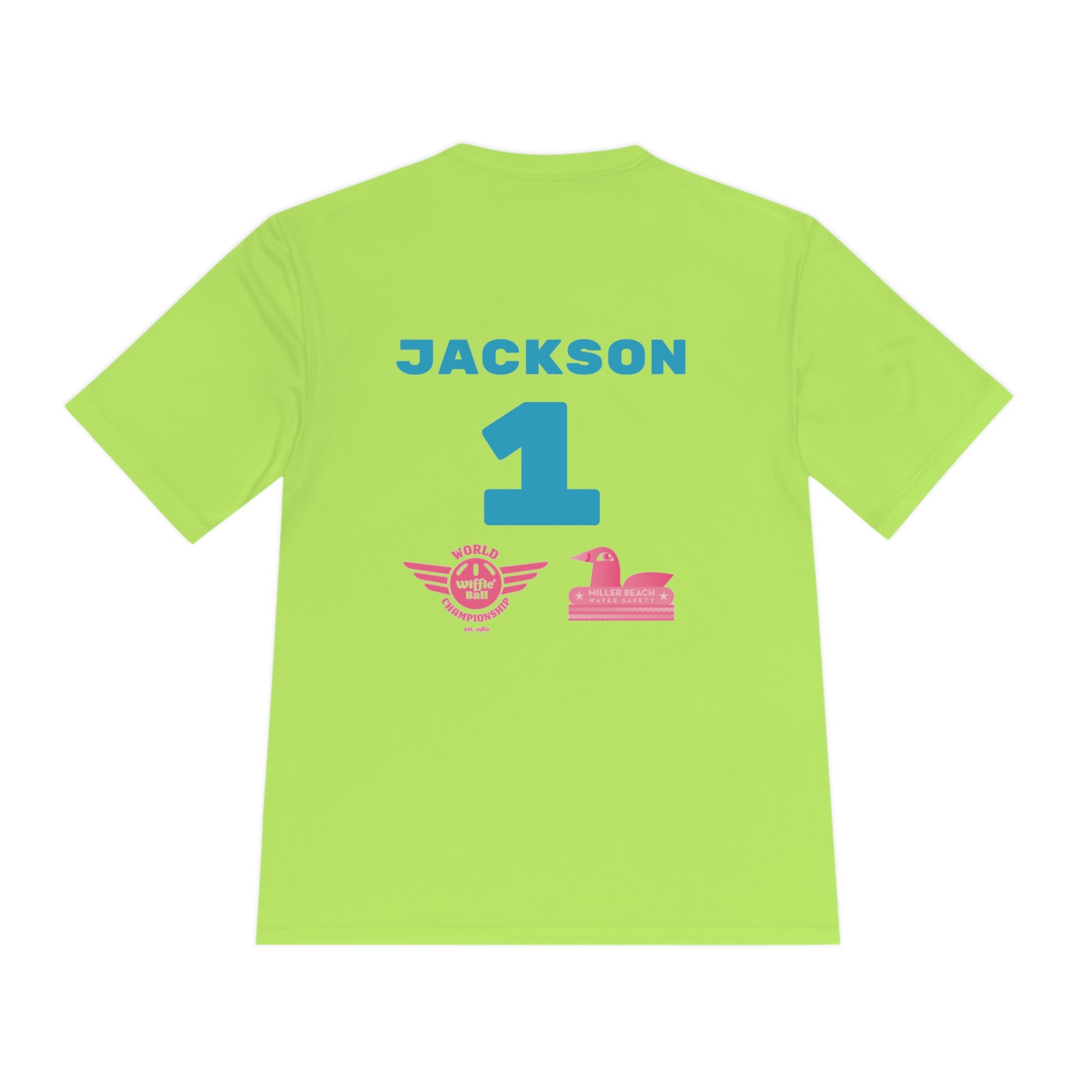 Introducing the "Miller Beach Flamingos - Jackson 01" Unisex Moisture Wicking Tee by Printify. This beige T-shirt showcases "Miller Beach" in a pink cursive font accompanied by a small pink flamingo illustration. Below, "FLAMINGOS" is displayed in bold pink capital letters, with a blue "01" on the bottom right corner. As part of the Sport-Tek PosiCharge Competitor collection, this lightweight shirt provides superior moisture-wicking performance.