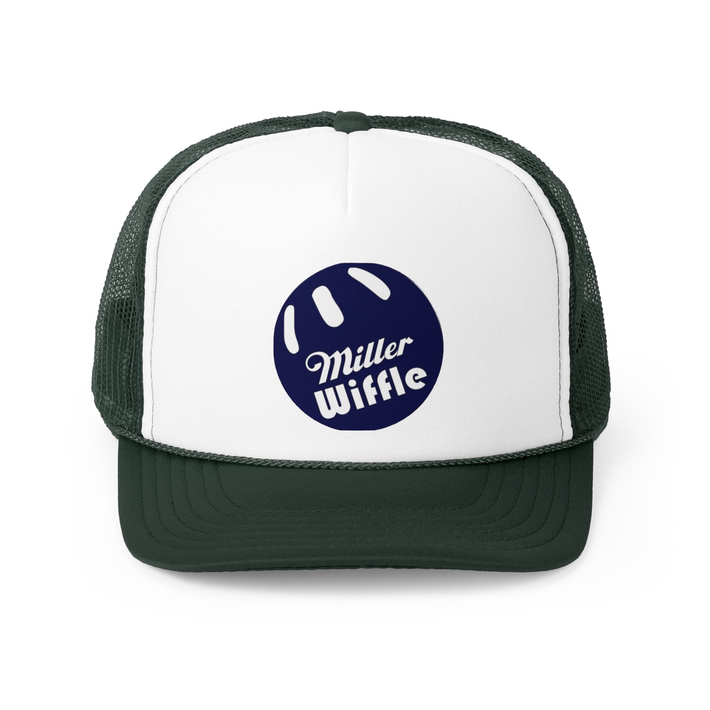 The Miller Wiffel Ball OG Logo - Trucker Cap by Printify is a stylish black and white hat featuring a black mesh back. The front panel is white and showcases a dark blue circle logo with the text "Miller Wiffle" in white, inside a design that resembles a Wiffle ball. This trucker cap includes an adjustable plastic snap closure for the perfect fit.