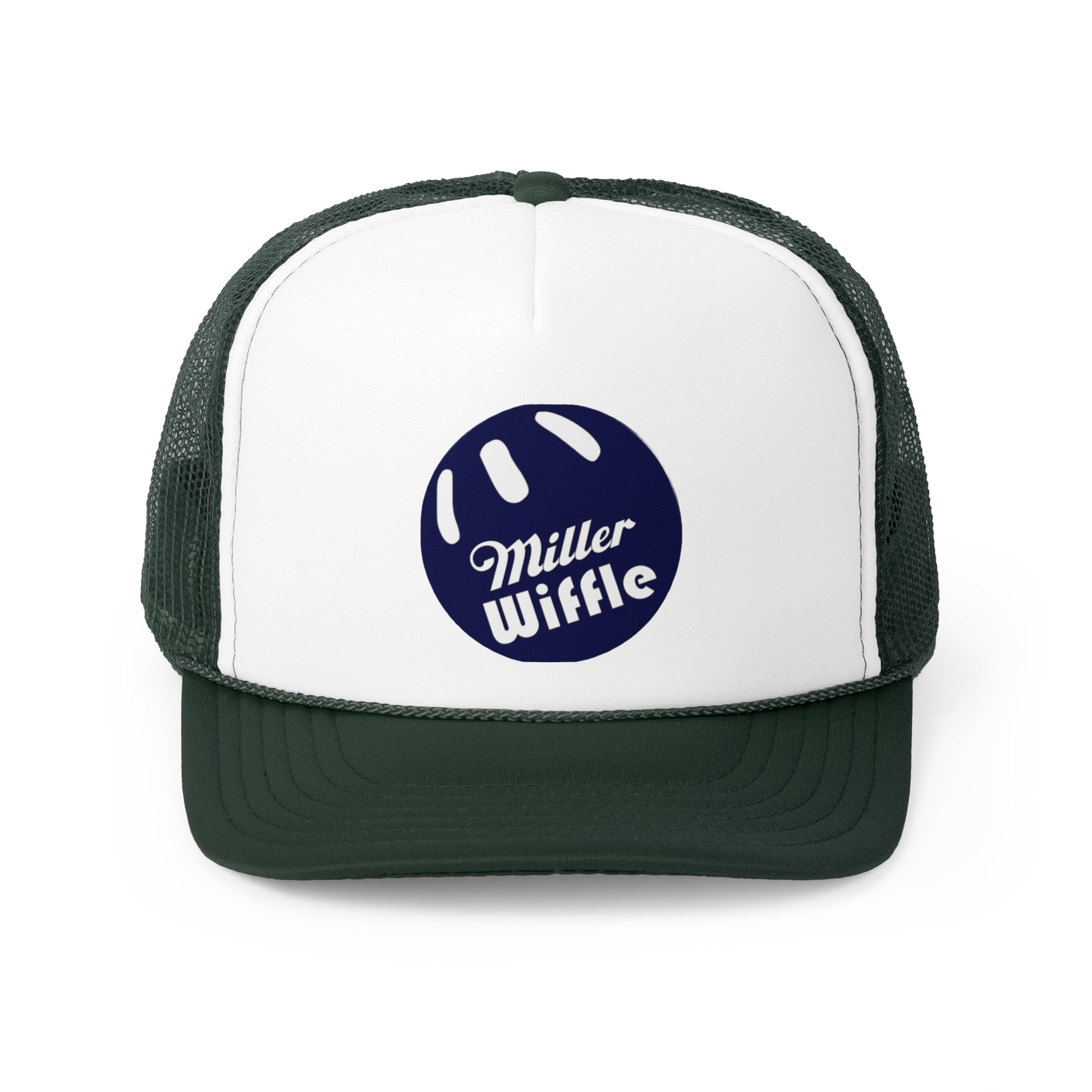 A close-up view of the back of the Miller Wiffel Ball OG Logo - Trucker Cap by Printify reveals its black mesh back. The adjustable plastic snap closure is visible through the black mesh material, and the partially visible white polyester foam front panel is perfect for customization.