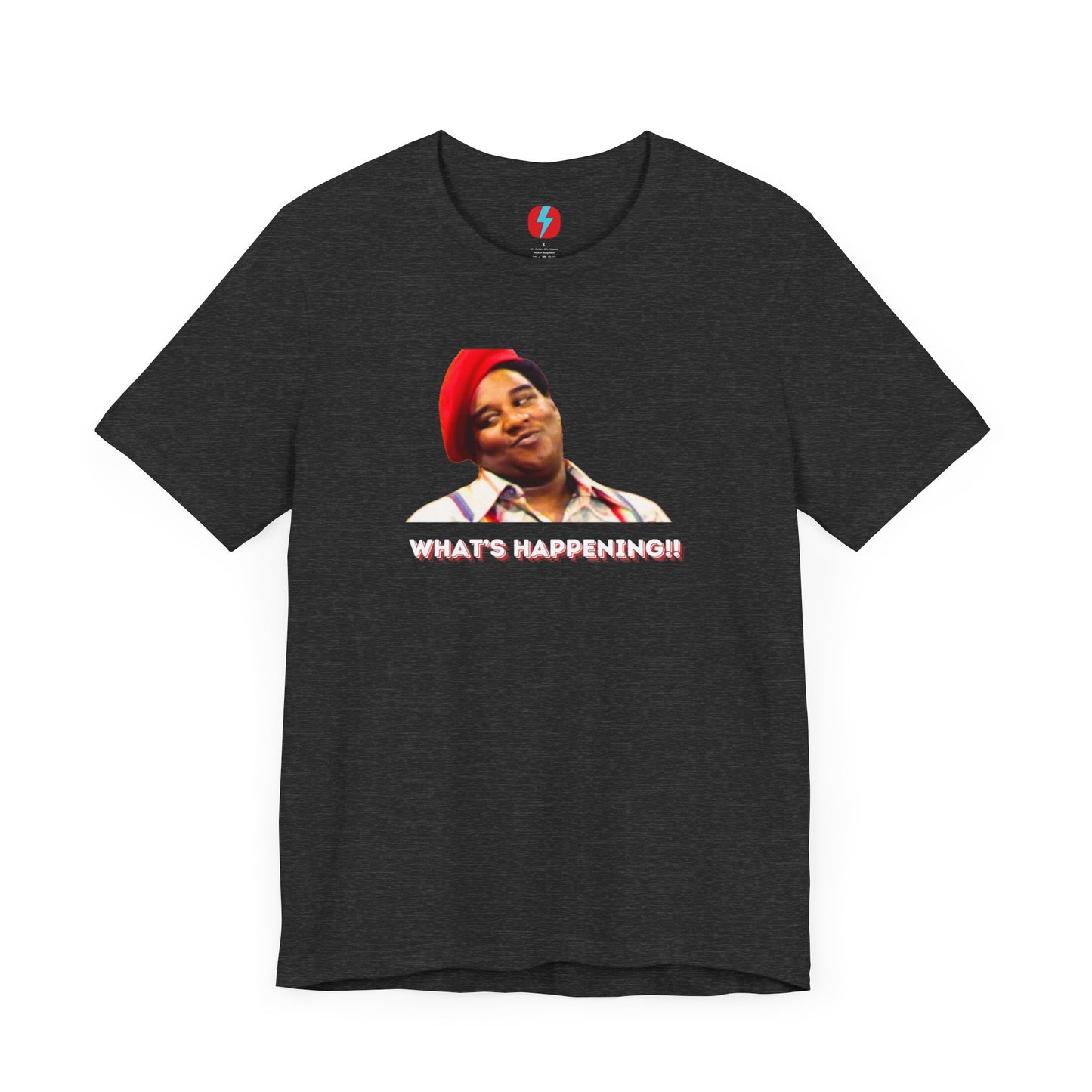 The Rerun - Fred Berry - What's Happening T-Shirt from Printify, a Retro 1980s Unisex Jersey Short Sleeve Tee, features an illustration of a person in a red cap and suspenders with the caption "WHAT'S HAPPENING!!" in white text below. This unique shirt is sure to make a statement!