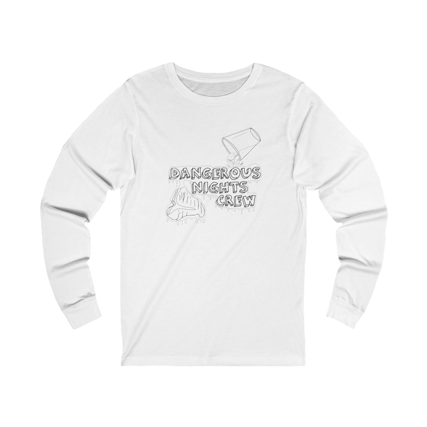 Introducing the ITYSL - Dangerous Nights Crew - Unisex Jersey Long Sleeve Tee by Printify: a stylish white long-sleeve t-shirt featuring a striking monochrome line drawing design. The artwork showcases an upside-down cup spilling liquid, a character in a helmet, and the bold, sketchy lettering of "DANGEROUS NIGHTS CREW" for that perfect "I Think You Should Leave" fan look.