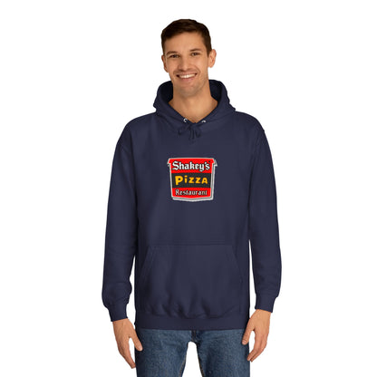 The Shakey's Pizza - 1980s Retro - Unisex Hoodie by Printify showcases a retro-style colorful logo on the front, highlighted with "Shakey's Pizza Restaurant" in bold white lettering against a striking red and black background, offering a vintage feel.