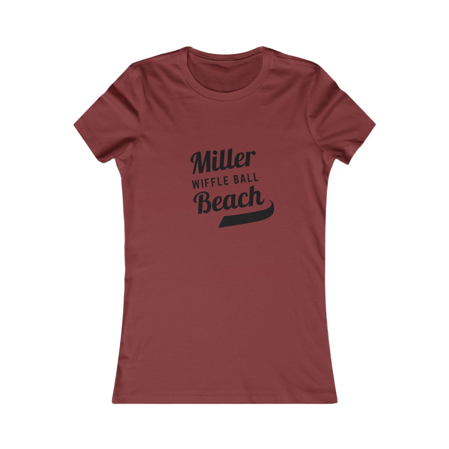 A light yellow Women's Favorite Tee from Printify featuring the words "Miller Wiffle Ball Beach" printed in black cursive text across the chest. This shirt offers a simple, feminine fit with short sleeves and a slim design, crafted from soft airlume combed cotton.