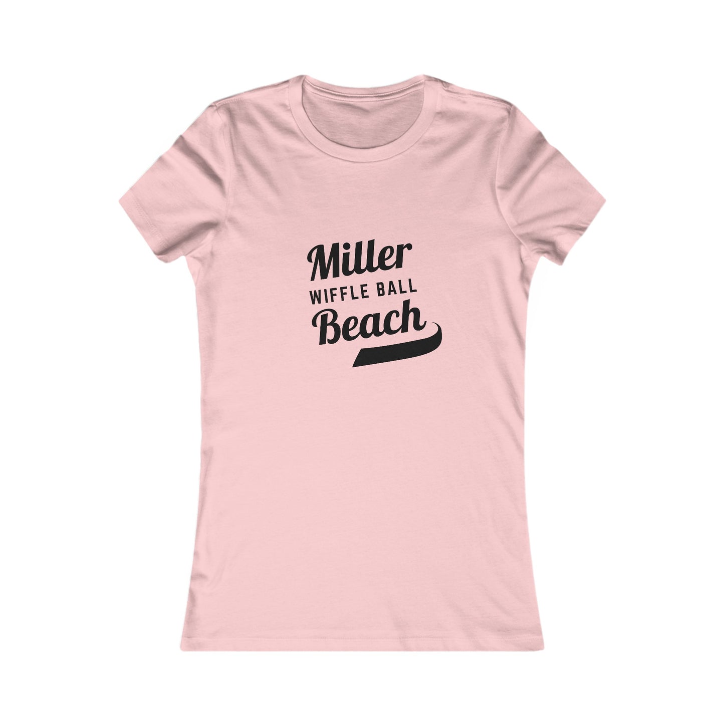 A light yellow Women's Favorite Tee from Printify featuring the words "Miller Wiffle Ball Beach" printed in black cursive text across the chest. This shirt offers a simple, feminine fit with short sleeves and a slim design, crafted from soft airlume combed cotton.