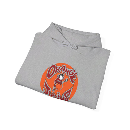 A light blue Orange Julius - Retro 1980s Hoodie by Printify, featuring a front pocket and hood. This nostalgic piece of clothing showcases a large, circular logo in orange and red at the center, depicting an illustrated character from 1980s mall culture.