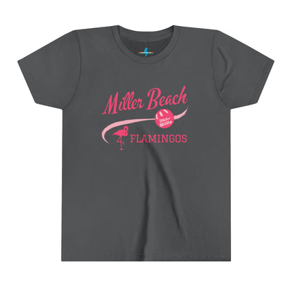 The Printify Miller Beach Flamingos WWBC - Youth Short Sleeve Tee is a fun, beach-themed pink T-shirt featuring "Miller Beach Flamingos" in bold pink script at the top. It includes a flamingo graphic on the left with the text "FLAMINGOS," and a pink beach ball on the right with "Oh What Fun!" written inside. Perfect for youthful custom wear.