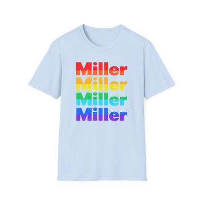 Miller Beach Rainbow Retro Tee — Vintage Stack Name Pride T-Shirt
