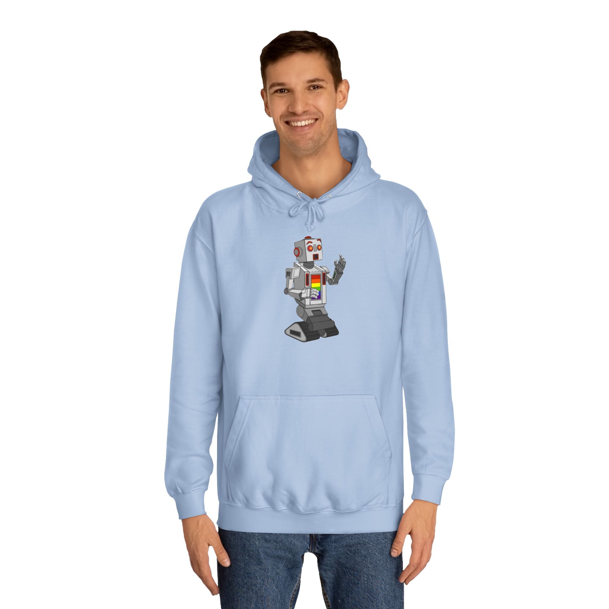 The Gay Robot - Unisex College Hoodie by Printify features a whimsical illustration of a nostalgic robot holding a smartphone. Inspired by Nick Swardson's comedic characters, the robot is grey with red and yellow highlights, balancing on one leg in its striking red design.