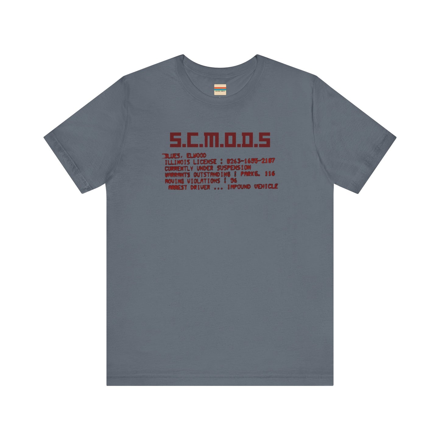 Two yellow "S.C.M.O.D.S. Blues Brother's - Unisex Jersey Short Sleeve Tee" shirts from Printify, featuring "S.C.M.O.D.S" in bold, stylized letters along with smaller text detailing terms like "Illinois," "license," and "impound vehicle." Perfect for fans of The Blues Brothers and Jake and Elwood Blues, the T-shirts are neatly folded and stacked.