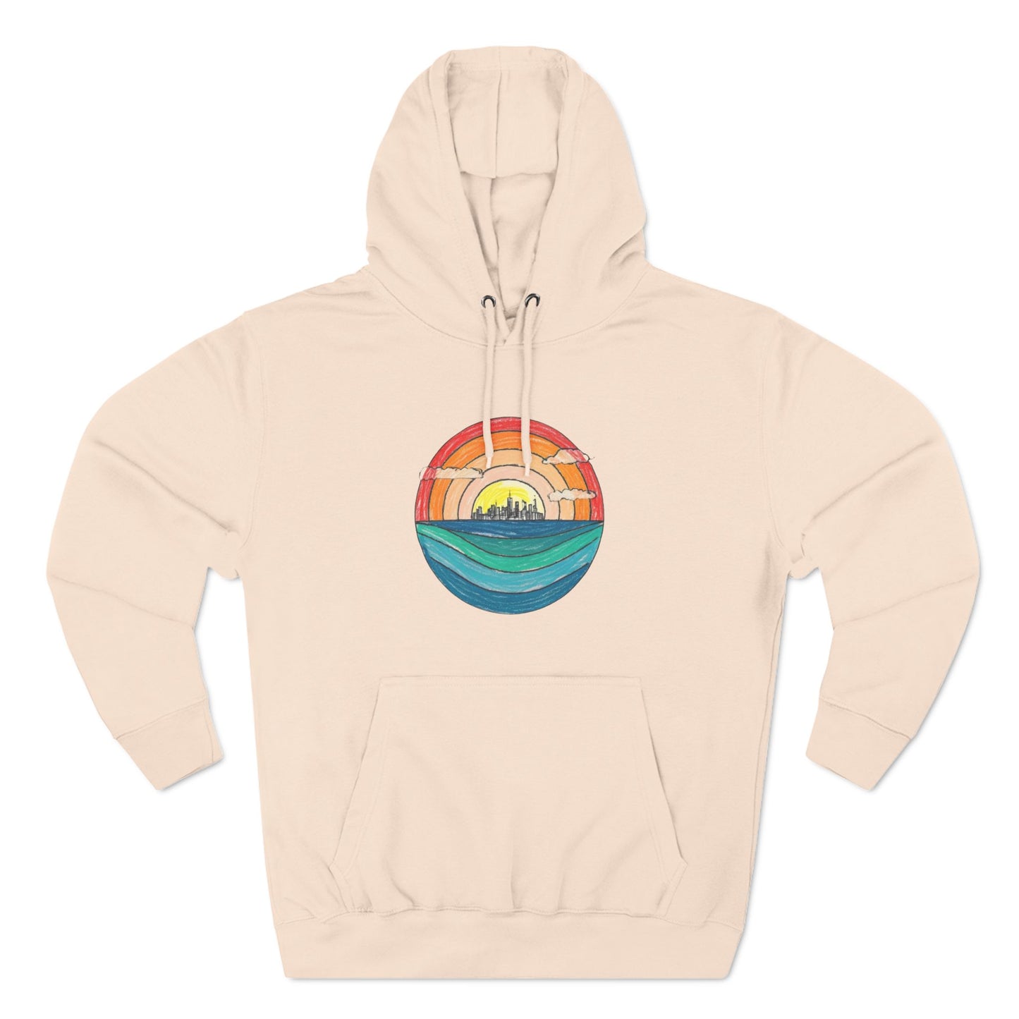 The Miller Beach Abstract - Three-Panel Fleece Hoodie by Printify is a premium light gray pullover featuring a vibrant circular front design. It showcases an abstract sunset-over-ocean scene with blue waters, an orange to red gradient sky, and a city skyline silhouette. Made from soft combed ring-spun cotton and lined with cozy fleece for extra warmth.