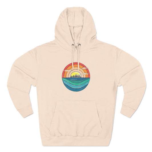 The Miller Beach Abstract - Three-Panel Fleece Hoodie by Printify is a premium light gray pullover featuring a vibrant circular front design. It showcases an abstract sunset-over-ocean scene with blue waters, an orange to red gradient sky, and a city skyline silhouette. Made from soft combed ring-spun cotton and lined with cozy fleece for extra warmth.