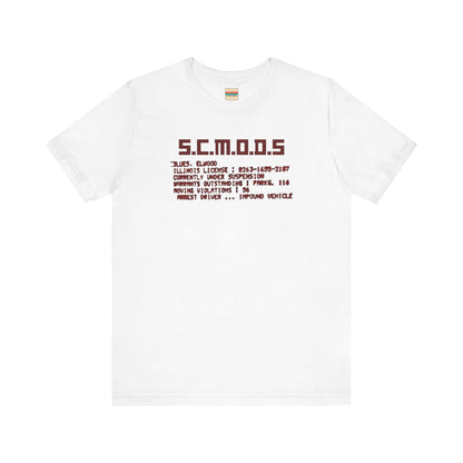 Two yellow "S.C.M.O.D.S. Blues Brother's - Unisex Jersey Short Sleeve Tee" shirts from Printify, featuring "S.C.M.O.D.S" in bold, stylized letters along with smaller text detailing terms like "Illinois," "license," and "impound vehicle." Perfect for fans of The Blues Brothers and Jake and Elwood Blues, the T-shirts are neatly folded and stacked.