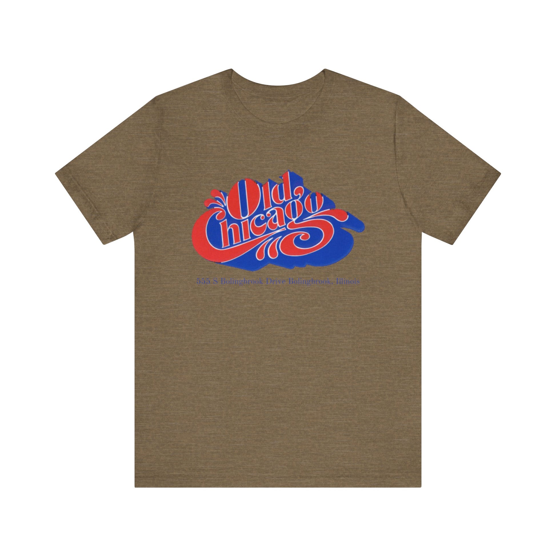 The "Old Chicago Mall Bolingbrook 1980s Retro - Unisex Jersey Short Sleeve Tee" from Printify is a gray T-shirt showcasing a vintage design with the text "Old Chicago" in blue and red. Beneath the main text, the address "355 S. Bolingbrook Drive, Bolingbrook, Illinois" appears in smaller font, evoking 80s nostalgia of the Old Chicago Mall. The shirt is displayed against a white background.