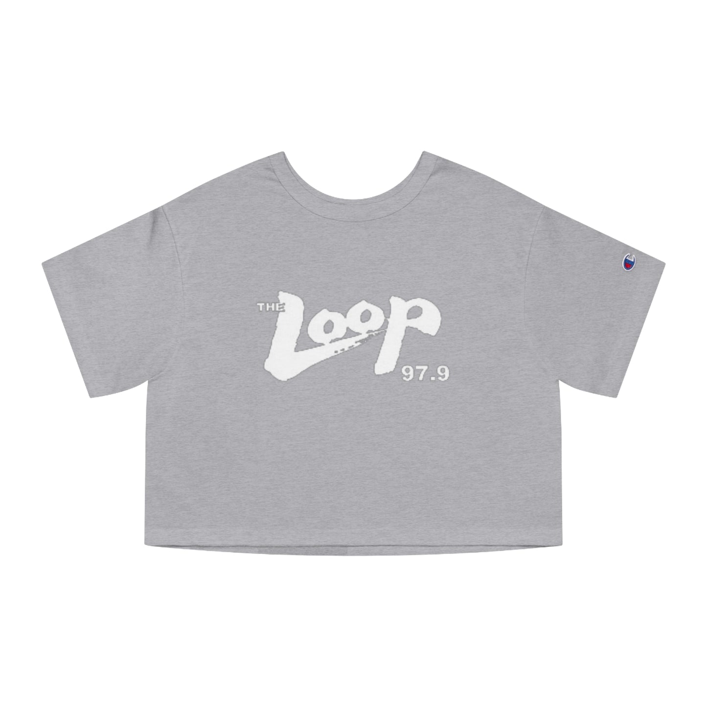 A black, 100% cotton Champion Women's Heritage Cropped T-Shirt from Printify featuring the "The Loop 97.9" logo in white, stylized text across the chest.