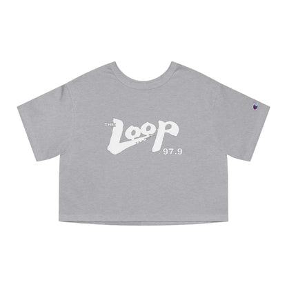 A black, 100% cotton Champion Women's Heritage Cropped T-Shirt from Printify featuring the "The Loop 97.9" logo in white, stylized text across the chest.