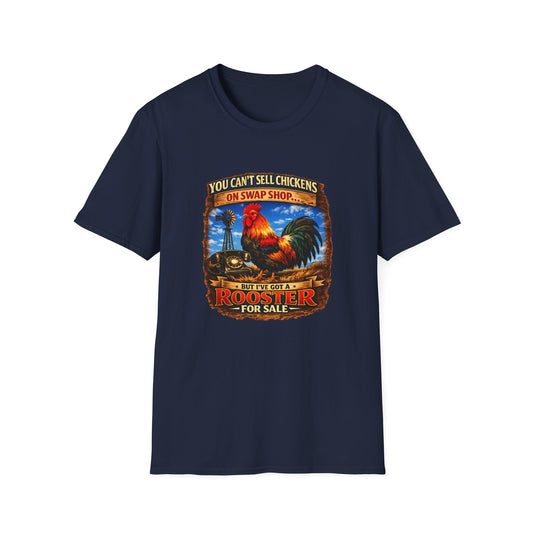 Rooster for Sale T-Shirt — "You Can't Sell Chickens on Swap Shop" Vintage Farm Tee