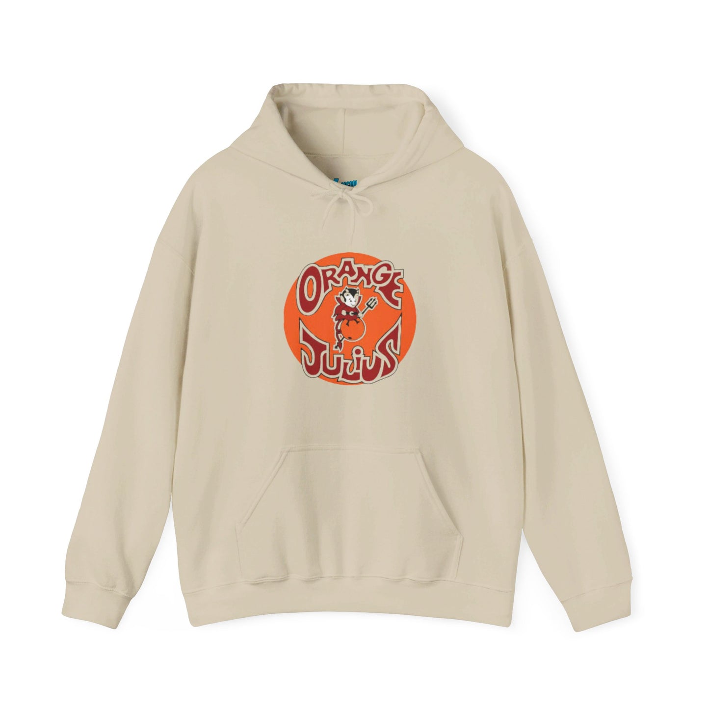 A light blue Orange Julius - Retro 1980s Hoodie by Printify, featuring a front pocket and hood. This nostalgic piece of clothing showcases a large, circular logo in orange and red at the center, depicting an illustrated character from 1980s mall culture.