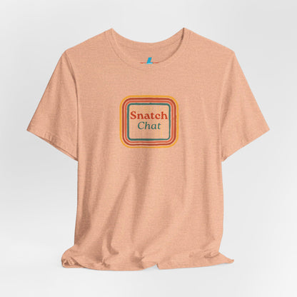 A light brown Snatch Chat - Unisex Jersey Short Sleeve Tee by Printify features the text "Snatch Chat" in the center, enclosed within a square composed of red, orange, yellow, and brown layers. This retro-designed tee is crafted from premium fabric and is showcased against a plain white background.