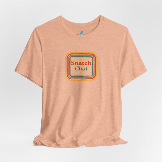 A light brown Snatch Chat - Unisex Jersey Short Sleeve Tee by Printify features the text "Snatch Chat" in the center, enclosed within a square composed of red, orange, yellow, and brown layers. This retro-designed tee is crafted from premium fabric and is showcased against a plain white background.