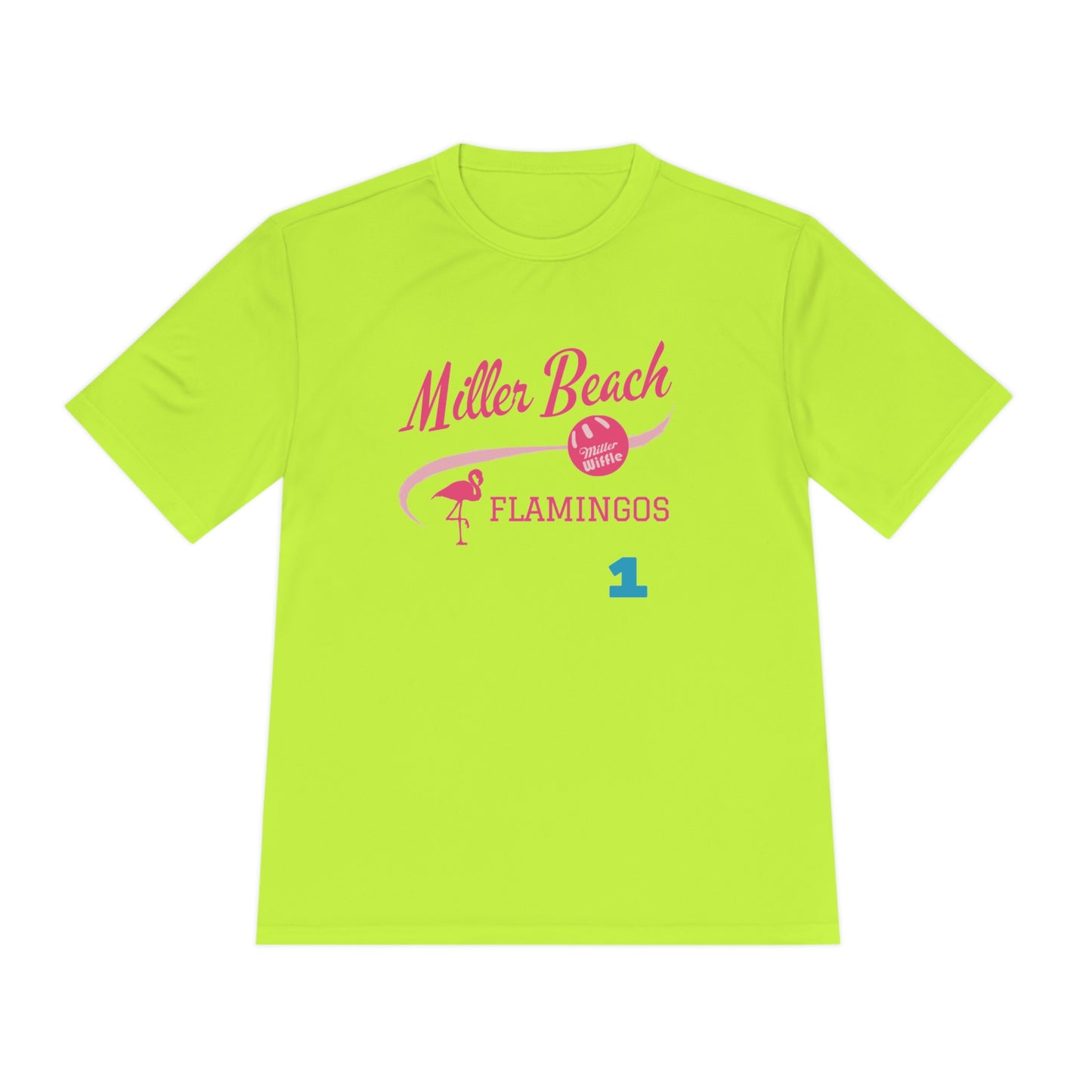 Introducing the "Miller Beach Flamingos - Jackson 01" Unisex Moisture Wicking Tee by Printify. This beige T-shirt showcases "Miller Beach" in a pink cursive font accompanied by a small pink flamingo illustration. Below, "FLAMINGOS" is displayed in bold pink capital letters, with a blue "01" on the bottom right corner. As part of the Sport-Tek PosiCharge Competitor collection, this lightweight shirt provides superior moisture-wicking performance.