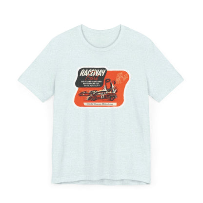 The 1970's Raceway Park - Blue Island, IL - Unisex Jersey Short Sleeve Tee by Printify is a light gray T-shirt featuring a graphic with a red background, an illustration of a race car labeled "17," and text reading "RACEWAY" and "As Seen On." The vintage-inspired design offers a nostalgic nod to classic car enthusiasts, reminiscent of the '70s racing era. The shirt is displayed against a plain background.