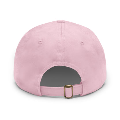 The Miller Beach Retro Sunset - Dad Hat with Leather Patch (Round) by Printify is a pink baseball cap crafted from bio-washed chino twill for added comfort. It features a PU leather patch adorned with horizontal stripes in red, orange, yellow, green, and blue. Below the stripes, "Miller Beach" is embroidered in white. An adjustable strap at the back ensures a perfect fit.