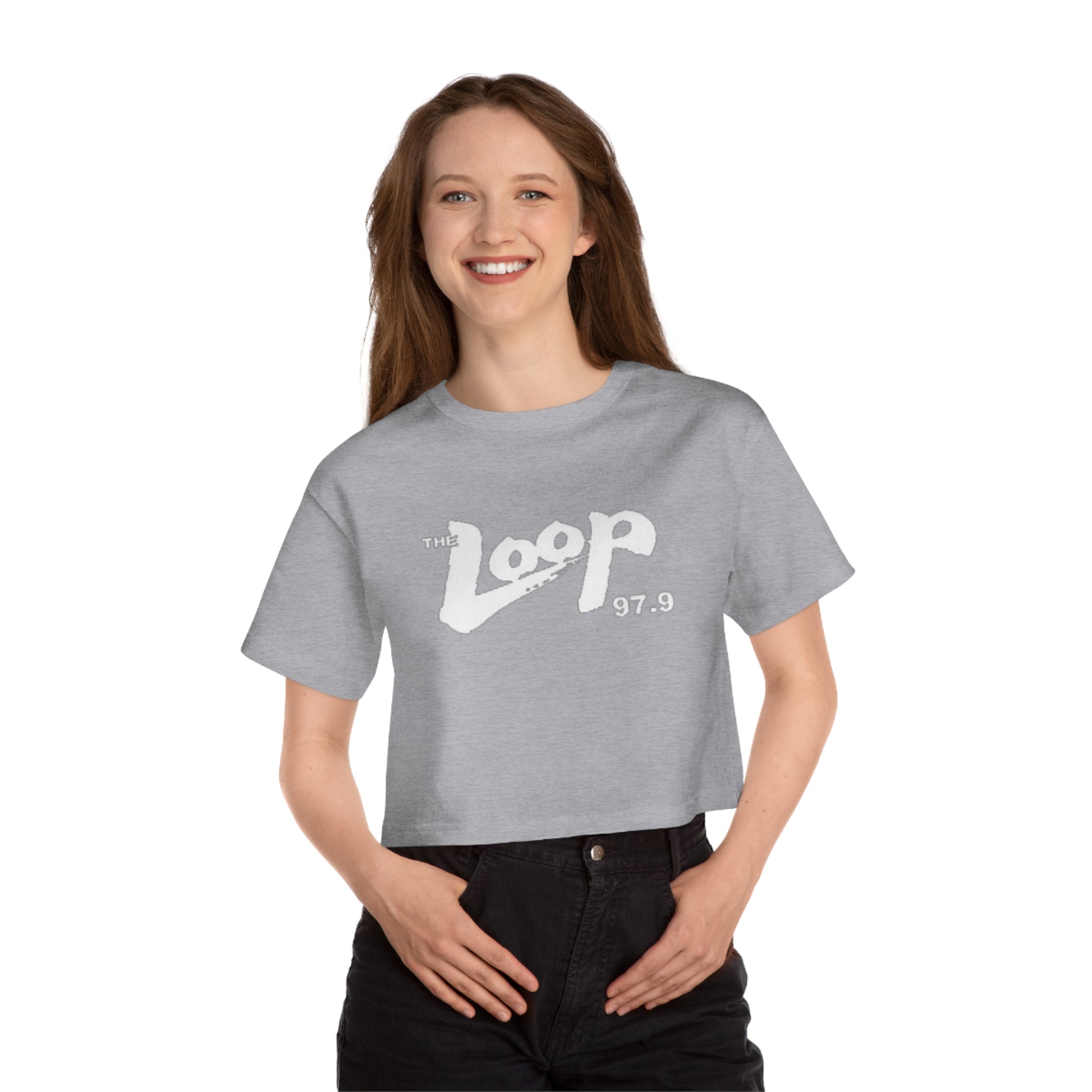 A black, 100% cotton Champion Women's Heritage Cropped T-Shirt from Printify featuring the "The Loop 97.9" logo in white, stylized text across the chest.