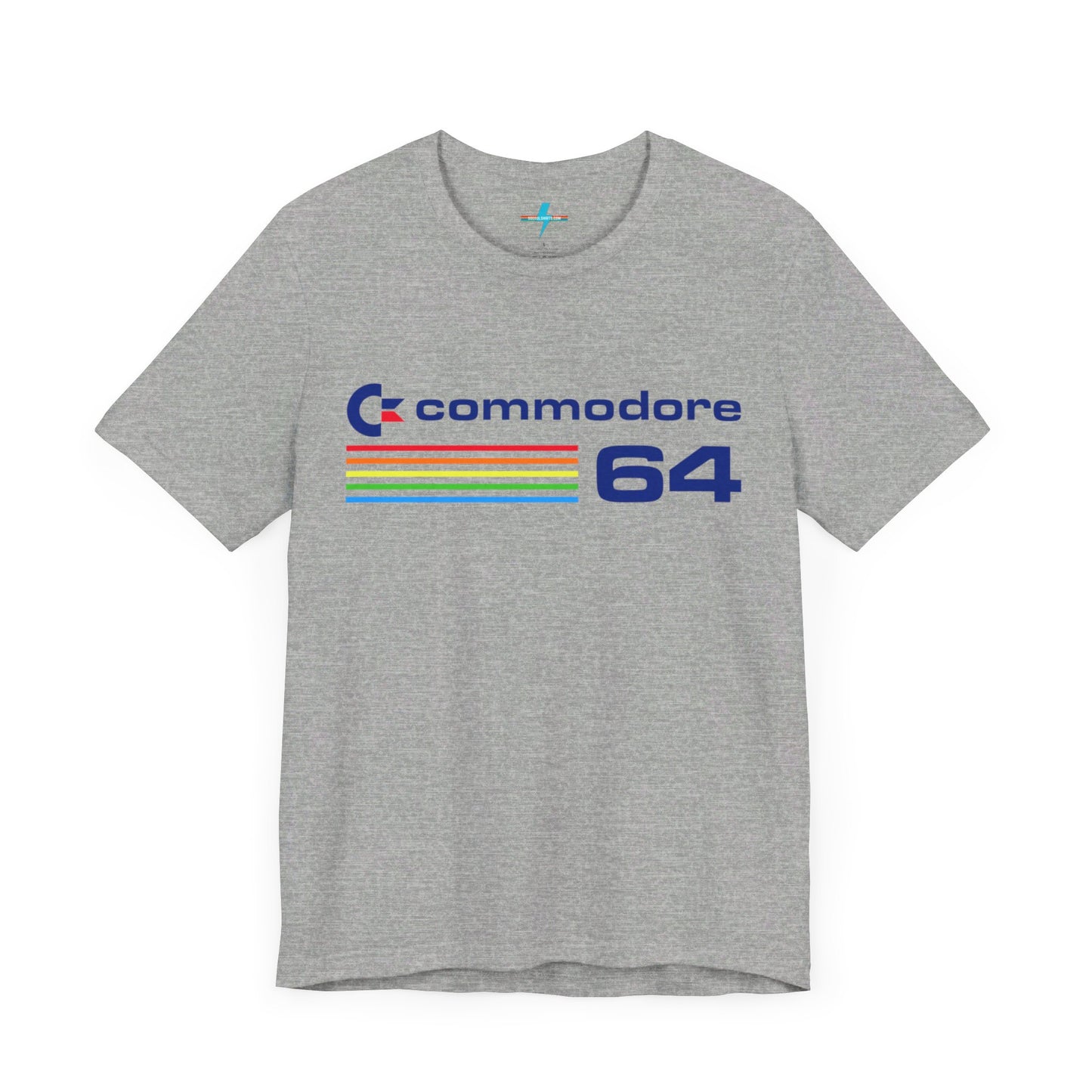 The 1980s Commodore 64 Computer C64 Unisex Jersey Short Sleeve Tee from Printify features a green T-shirt adorned with a vintage design showcasing the text "Commodore 64" and multicolored horizontal lines next to it. The word "Commodore" is emblazoned in blue alongside the Commodore logo, while the number "64" is also highlighted in blue on the right. Ideal for any retro tech enthusiast, this shirt is displayed against a white background.