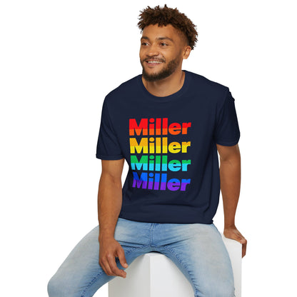Miller Beach Rainbow Retro Tee — Vintage Stack Name Pride T-Shirt