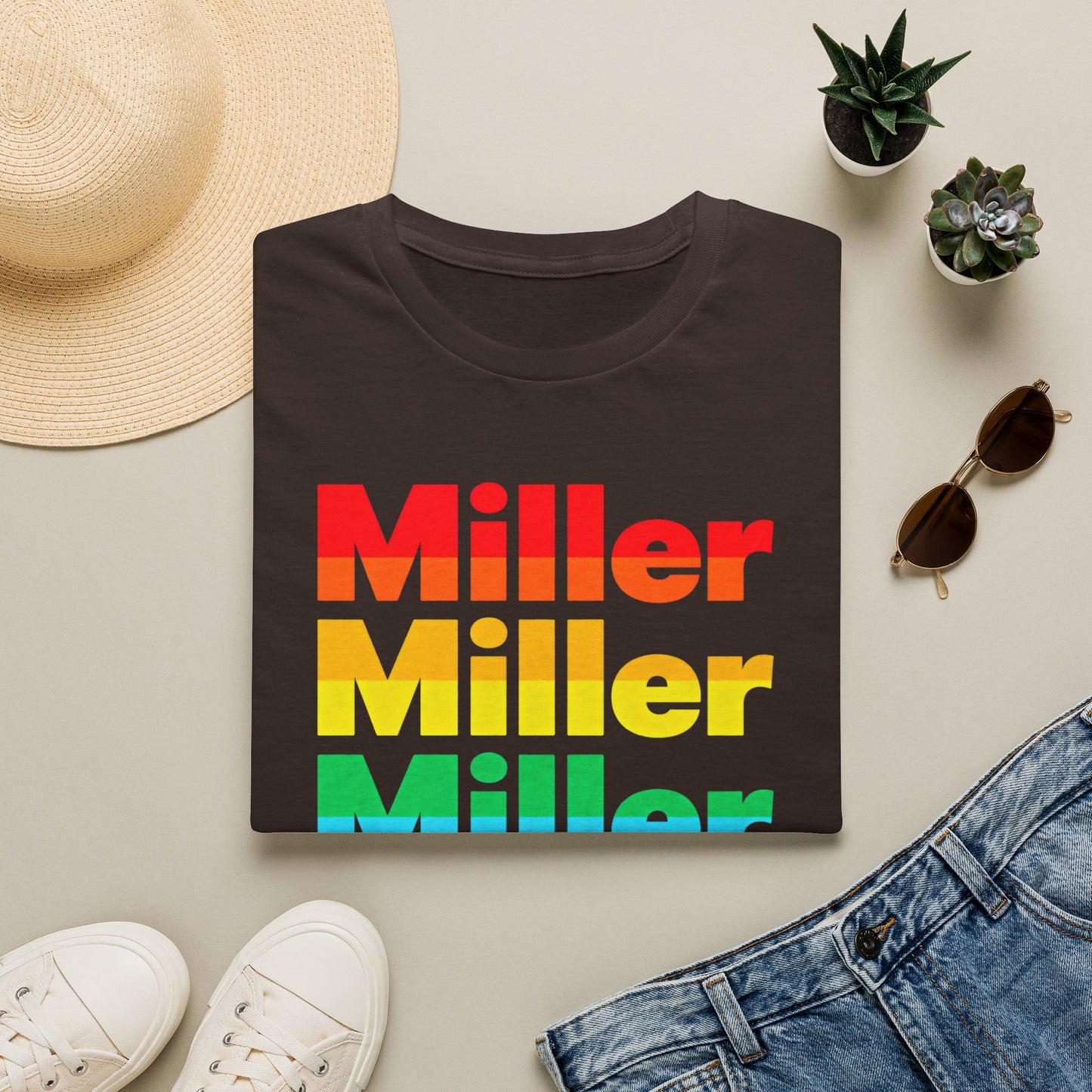 Miller Beach Rainbow Retro Tee — Vintage Stack Name Pride T-Shirt