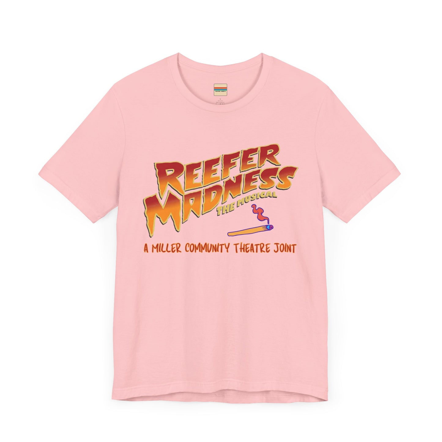 The Miller Community Theatre - Reefer Madness Cast and Crew Shirt by Printify showcases a vibrant design featuring bold, colorful text that reads "Reefer Madness The Musical" with a cartoon joint illustration. Below the main text, "A Miller Community Theatre Joint" is highlighted in red. This limited-edition green t-shirt, with its centered design, is perfect for cast and crew members.